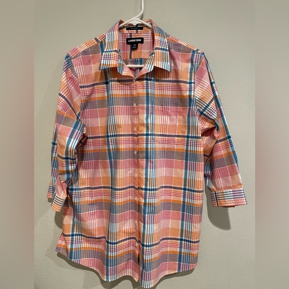 Lands’ End plaid no iron button down shirt. Size 16P